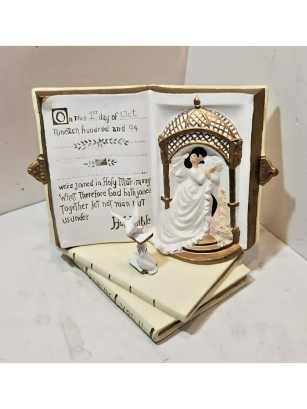 Vtg Ceramic Bride and Groom Record White with Gold Trim on a Book With Bird
